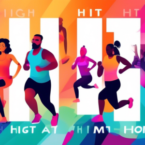 A diverse group of people doing a variety of high-intensity interval training exercises at home, with overlayed text HIIT at Home.