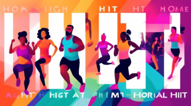 A diverse group of people doing a variety of high-intensity interval training exercises at home, with overlayed text HIIT at Home.