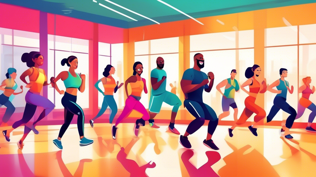 A diverse group of people smiling and doing a high intensity interval training workout together in a bright, modern gym.