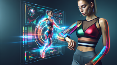A woman wearing futuristic fitness clothing adjusts her smart watch while a holographic display shows her workout routine adapting in real-time.