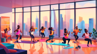 A diverse group of people smiling and doing a variety of no-equipment exercises in a living room with an Atlanta skyline visible through the window.