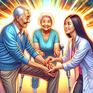 An elderly couple laughs playfully as they try balancing on one leg in a sunny park, helped by a friendly physical therapist.