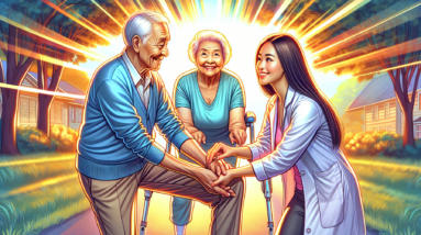 An elderly couple laughs playfully as they try balancing on one leg in a sunny park, helped by a friendly physical therapist.