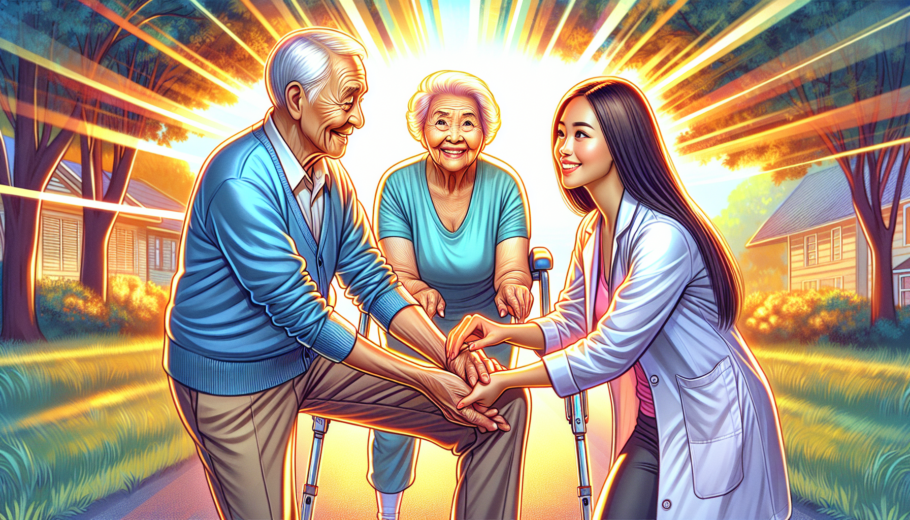 An elderly couple laughs playfully as they try balancing on one leg in a sunny park, helped by a friendly physical therapist.