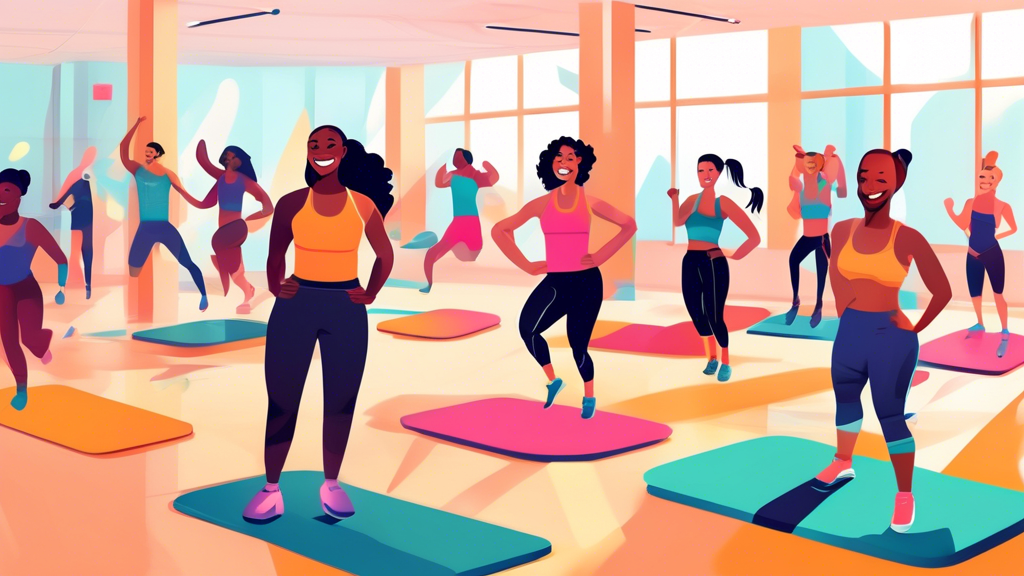 A diverse group of people smiling and doing a variety of HIIT exercises like burpees, jumping jacks, and mountain climbers in a bright and airy gym.