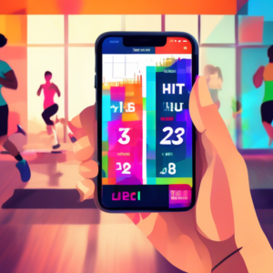 A smiling beginner using a HIIT workout app on their phone, with colorful graphics overlayed on a gym background.