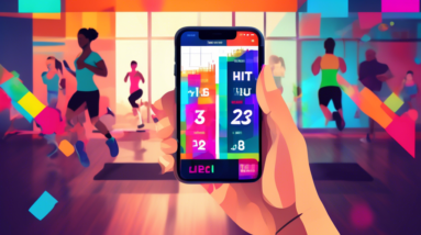 A smiling beginner using a HIIT workout app on their phone, with colorful graphics overlayed on a gym background.