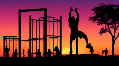 A person silhouetted against a sunset doing a muscle up on a park jungle gym.