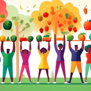 A diverse group of people happily lifting colorful weights made of fruits and vegetables in a public park.