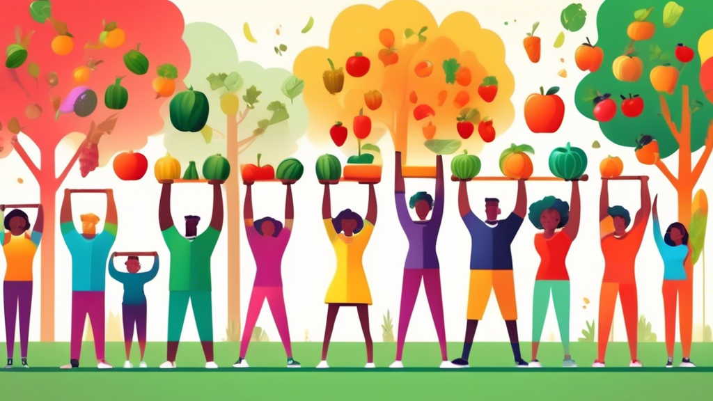 A diverse group of people happily lifting colorful weights made of fruits and vegetables in a public park.