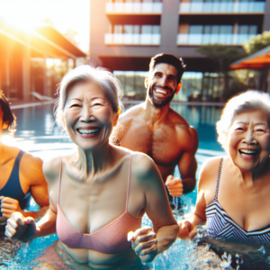 A diverse group of smiling seniors doing gentle water aerobics together in a sunny pool.