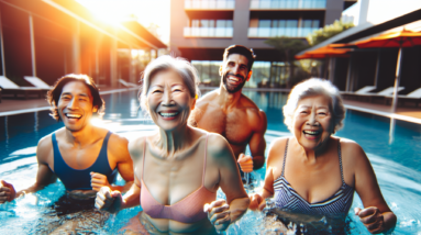 A diverse group of smiling seniors doing gentle water aerobics together in a sunny pool.