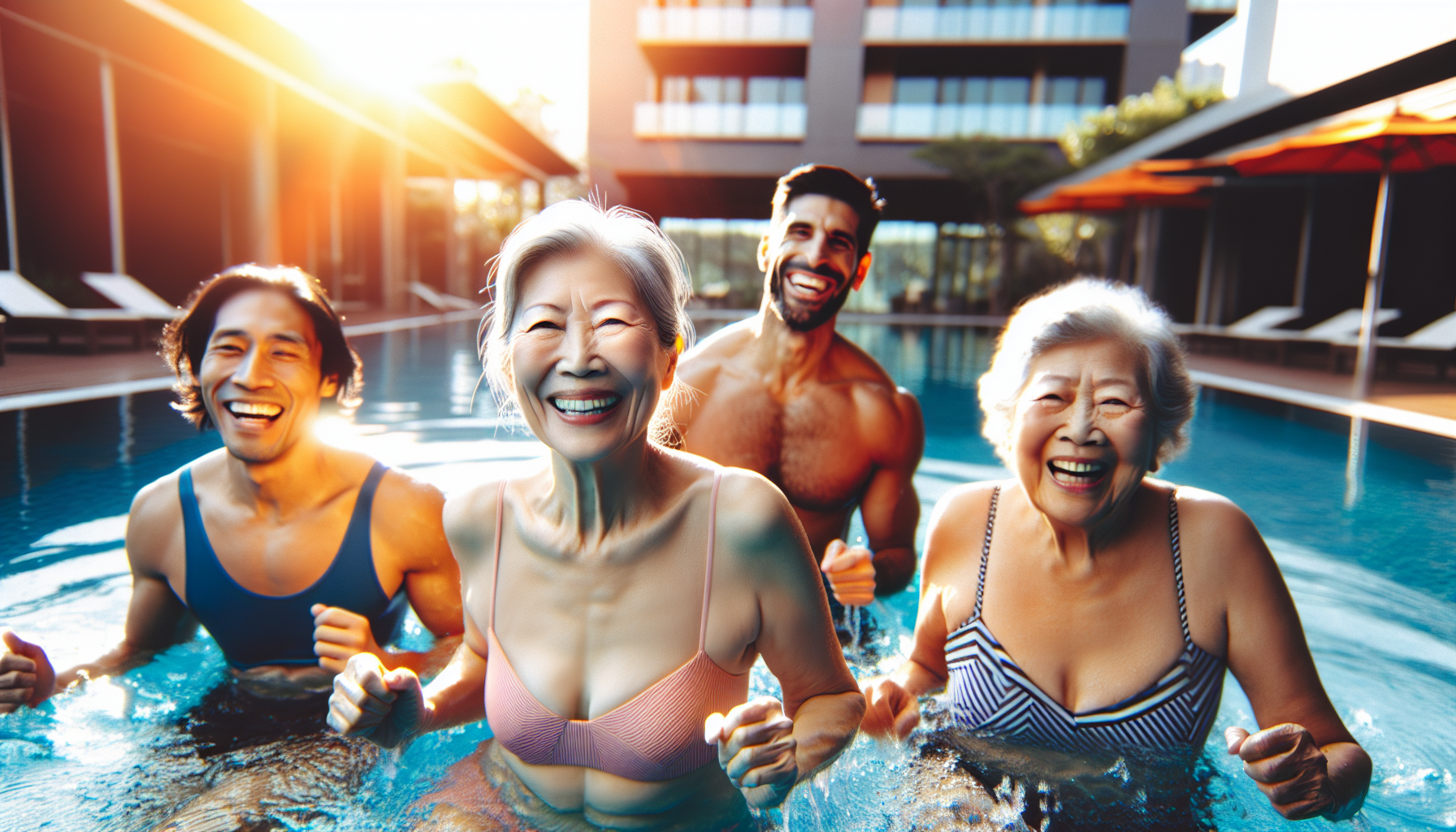 A diverse group of smiling seniors doing gentle water aerobics together in a sunny pool.