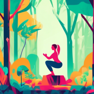 Woman doing squats using a tree for balance in a lush forest.
