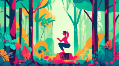 Woman doing squats using a tree for balance in a lush forest.