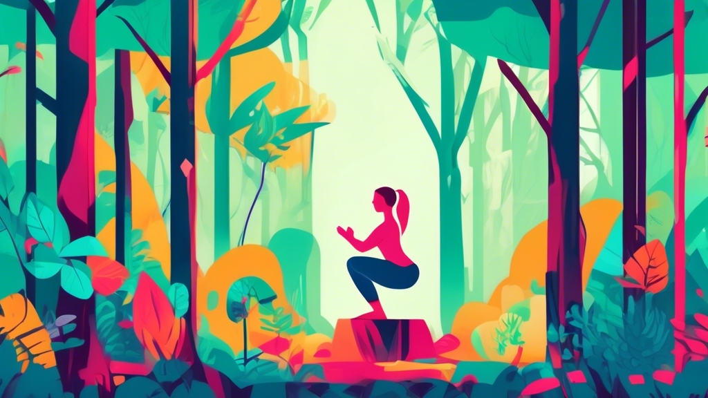Woman doing squats using a tree for balance in a lush forest.