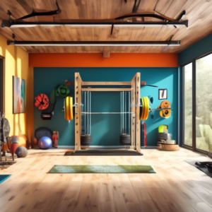 A home gym built with DIY strength training equipment made from wood and metal, filled with natural light.