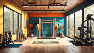 A home gym built with DIY strength training equipment made from wood and metal, filled with natural light.