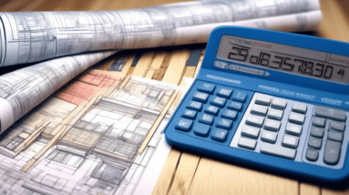 A blueprint of a home gym overlaid on a construction site with a calculator and The Caledonian-Record newspaper visible in the foreground.