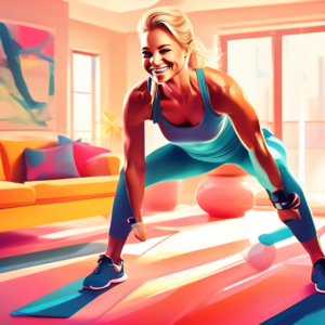 A fit blonde woman resembling Marta Krupa smiles while working out in a brightly lit living room with home exercise equipment.