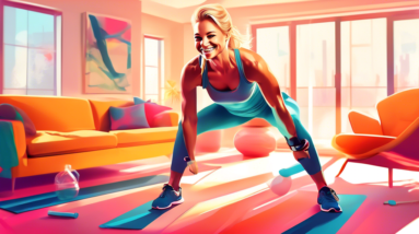 A fit blonde woman resembling Marta Krupa smiles while working out in a brightly lit living room with home exercise equipment.