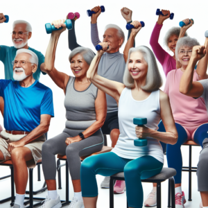 A diverse group of seniors doing smiling and doing aerobics with hand weights in chairs.