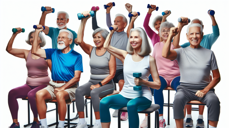 A diverse group of seniors doing smiling and doing aerobics with hand weights in chairs.