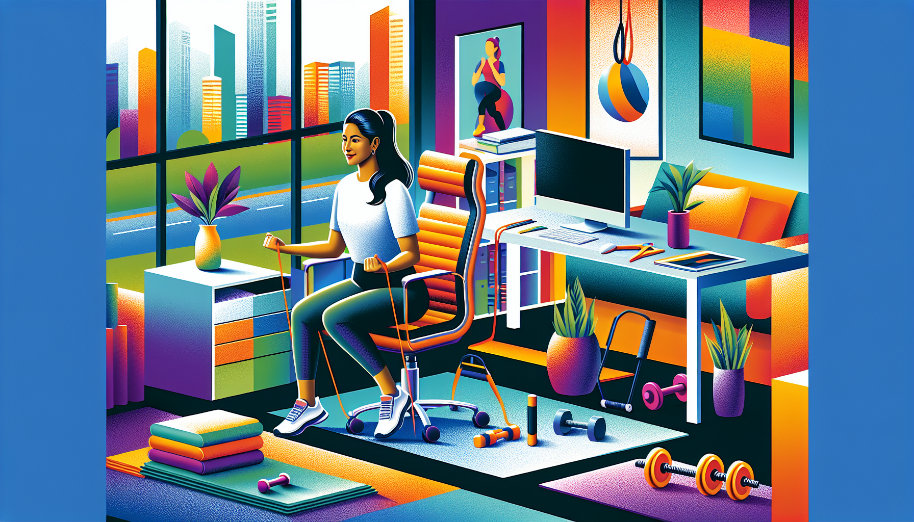 A person doing a fitness workout sitting on a chair in an office setting with exercise equipment around them.