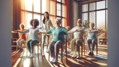 A diverse group of smiling seniors practicing chair yoga poses in a bright and airy room with a yoga instructor guiding them.