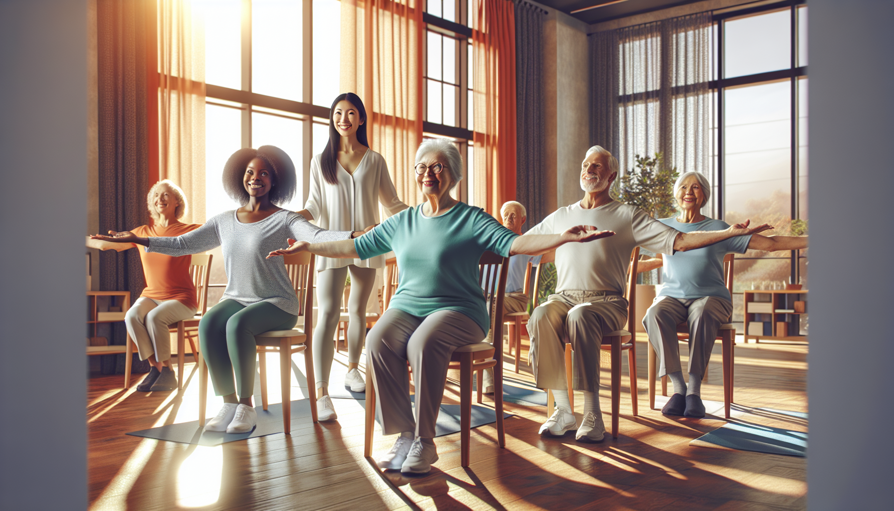A diverse group of smiling seniors practicing chair yoga poses in a bright and airy room with a yoga instructor guiding them.