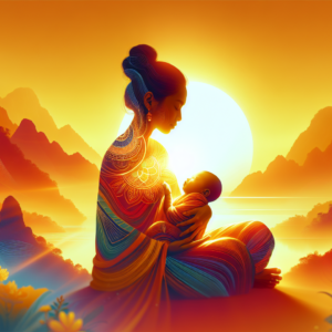 A woman in a serene yoga pose, bathed in soft sunlight, holding her baby close.