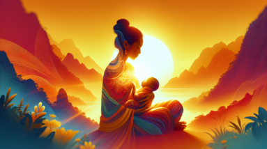 A woman in a serene yoga pose, bathed in soft sunlight, holding her baby close.