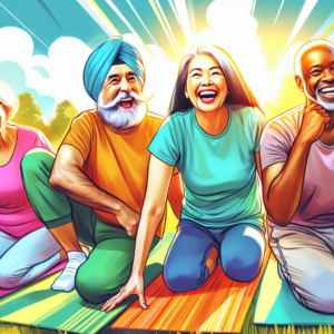 A diverse group of smiling seniors happily participating in a low-impact exercise class outdoors with colorful yoga mats.