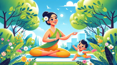 A woman smiling while doing yoga with her baby in a park.