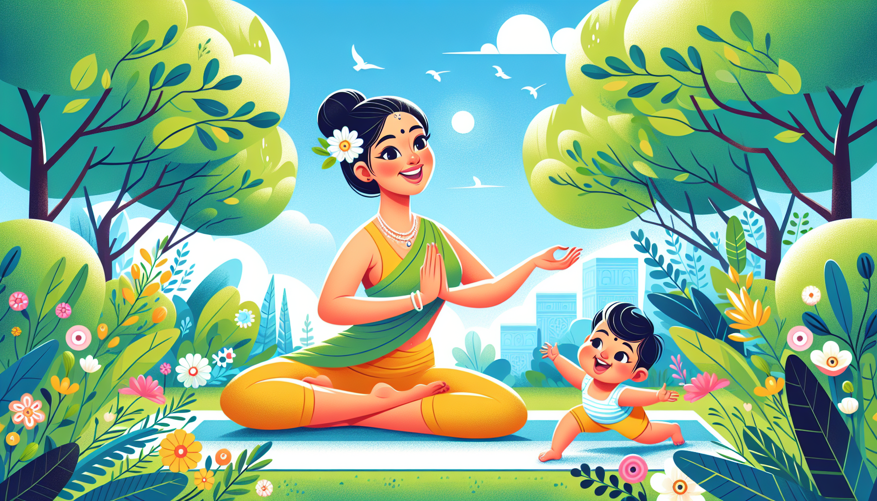 A woman smiling while doing yoga with her baby in a park.