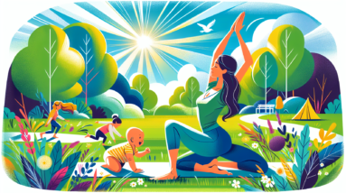 A woman doing yoga with her baby in a park, with a playful and empowering aesthetic.