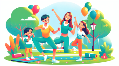 A mom and her two children laughing while doing yoga poses in a park with bright colorful balloons.