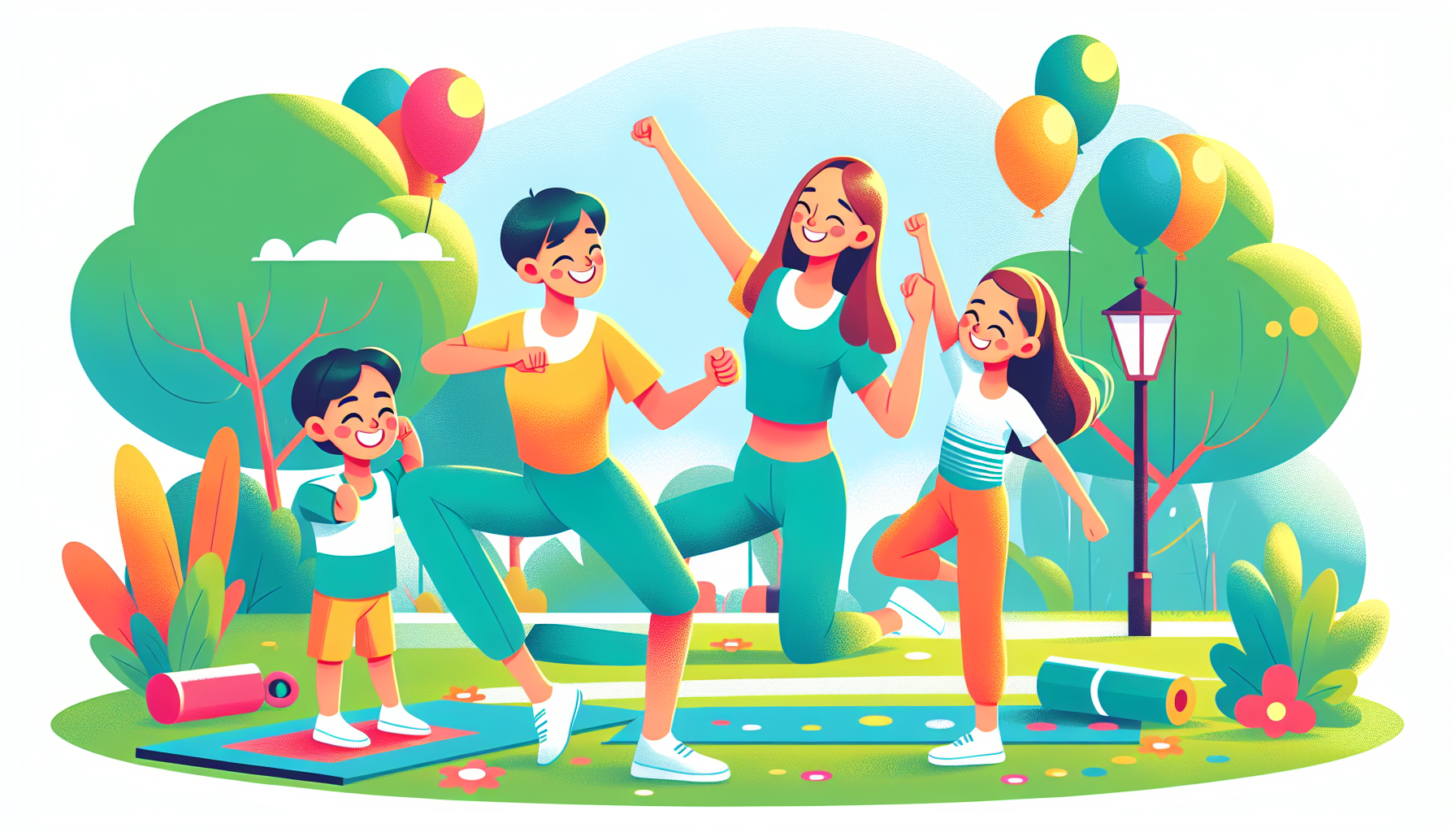 A mom and her two children laughing while doing yoga poses in a park with bright colorful balloons.