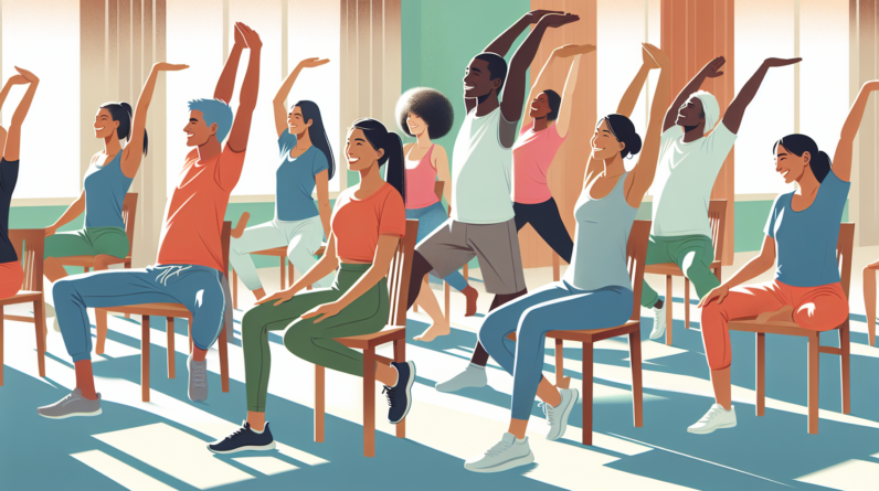 A diverse group of people smiling and doing gentle chair yoga poses in a sunny room.