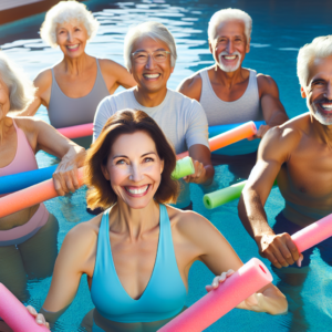 A diverse group of smiling seniors with arthritis doing gentle water aerobics in a sunny pool, with colorful pool noodles and a supportive instructor.