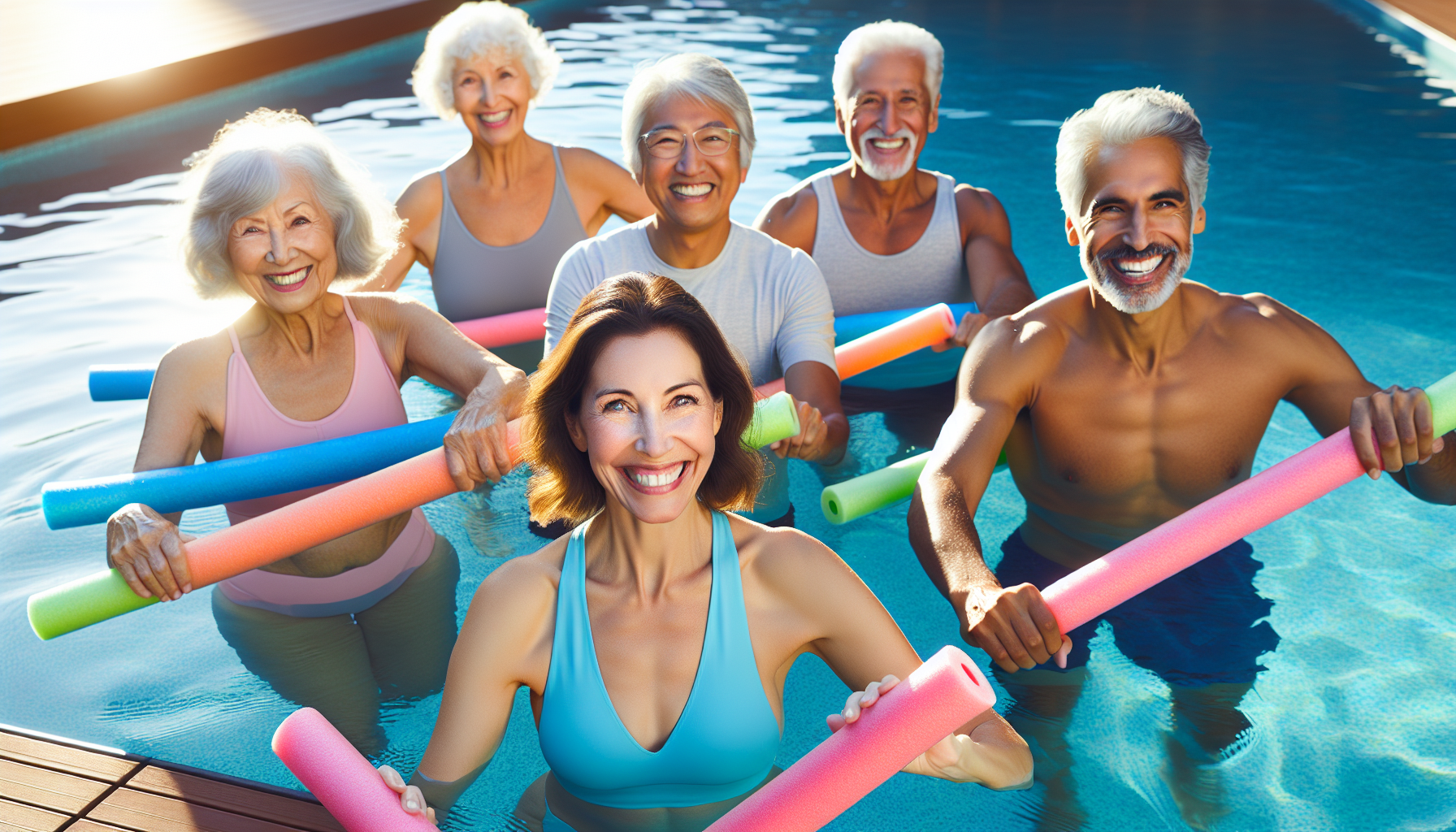 A diverse group of smiling seniors with arthritis doing gentle water aerobics in a sunny pool, with colorful pool noodles and a supportive instructor.