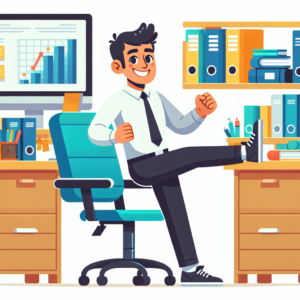 A cartoon illustration of a smiling person using a chair to do low-impact exercises at their office desk.