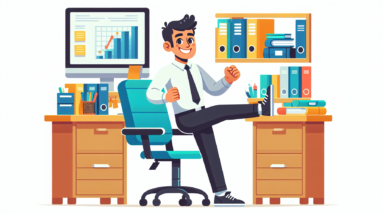 A cartoon illustration of a smiling person using a chair to do low-impact exercises at their office desk.