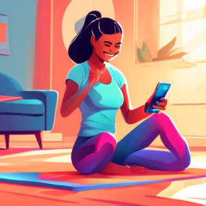A smiling beginner nervously looking at a HIIT timer on their smartphone while stretching in a brightly lit living room.