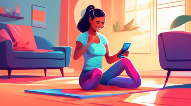 A smiling beginner nervously looking at a HIIT timer on their smartphone while stretching in a brightly lit living room.