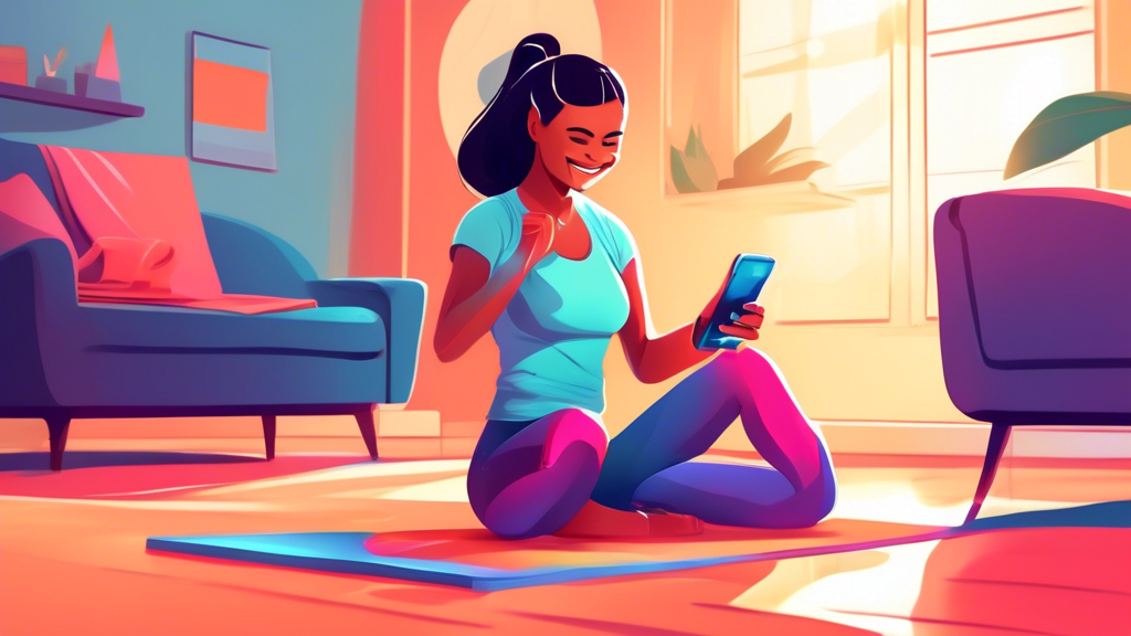 A smiling beginner nervously looking at a HIIT timer on their smartphone while stretching in a brightly lit living room.