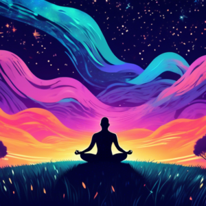 A person stretching in a sun-drenched field with glowing muscles, transitioning into a relaxed silhouette meditating under a starry night sky.