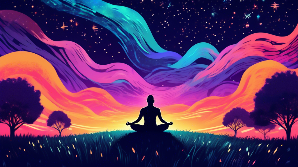 A person stretching in a sun-drenched field with glowing muscles, transitioning into a relaxed silhouette meditating under a starry night sky.