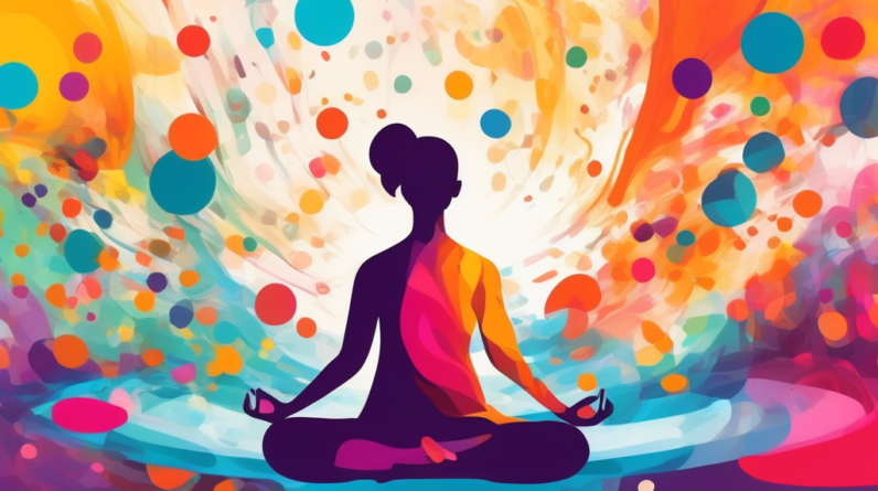 Person meditating on a yoga mat while colorful, abstract representations of stress float away from them.