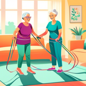 A friendly physical therapist guiding a smiling senior woman exercising with resistance bands in a brightly lit living room.